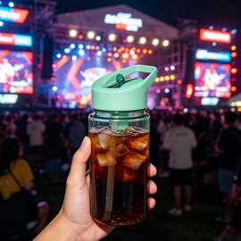 防漏锁温透明直筒塑料吸管杯单层带提手 tritan 材质随手杯