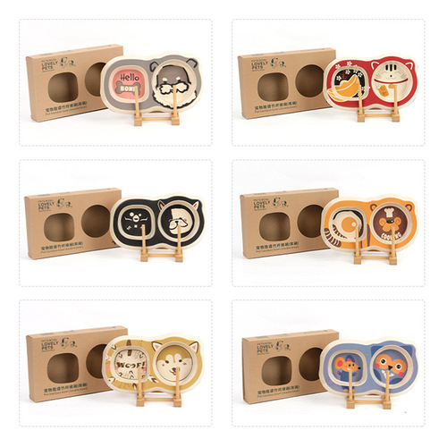 Popo Bamboo Fiber Pet Dual Bowl Dog Bowl Anti-slip Cat Bowl Water Basin Cartoon Feeding Bowl Tableware Dog Food Bowl Cat Bowl Wholesale