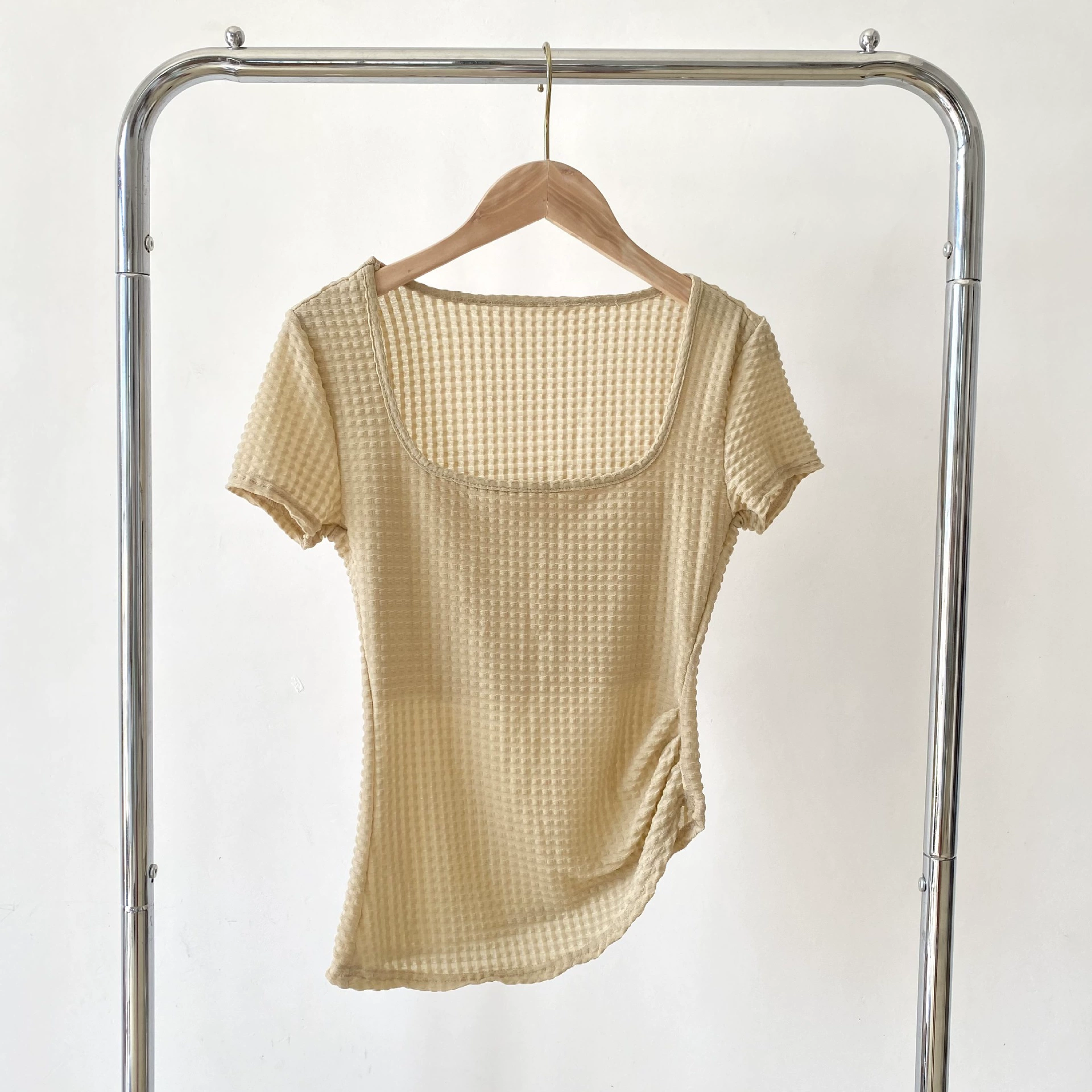 Короткий рукав Pure Want to квадратный воротник Рог длинный рукав (грудь двойная)