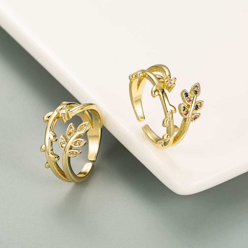 Korean flowers leaves copper micro-inlaid color zircon couple ring