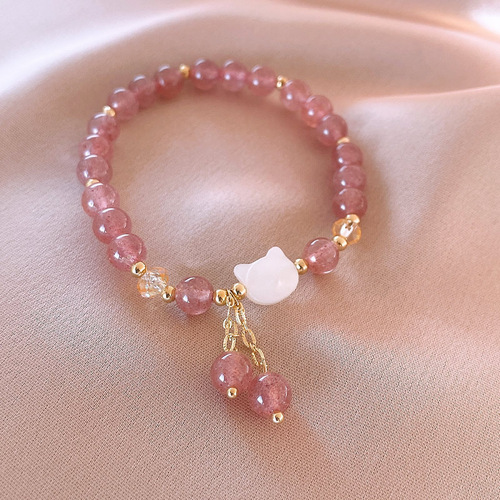 Natural Crystal Bracelet for Women, Design-Savvy Strawberry Quartz, Unique Accessory, Strawberry Quartz Morganite Bracelet with Shell Cat