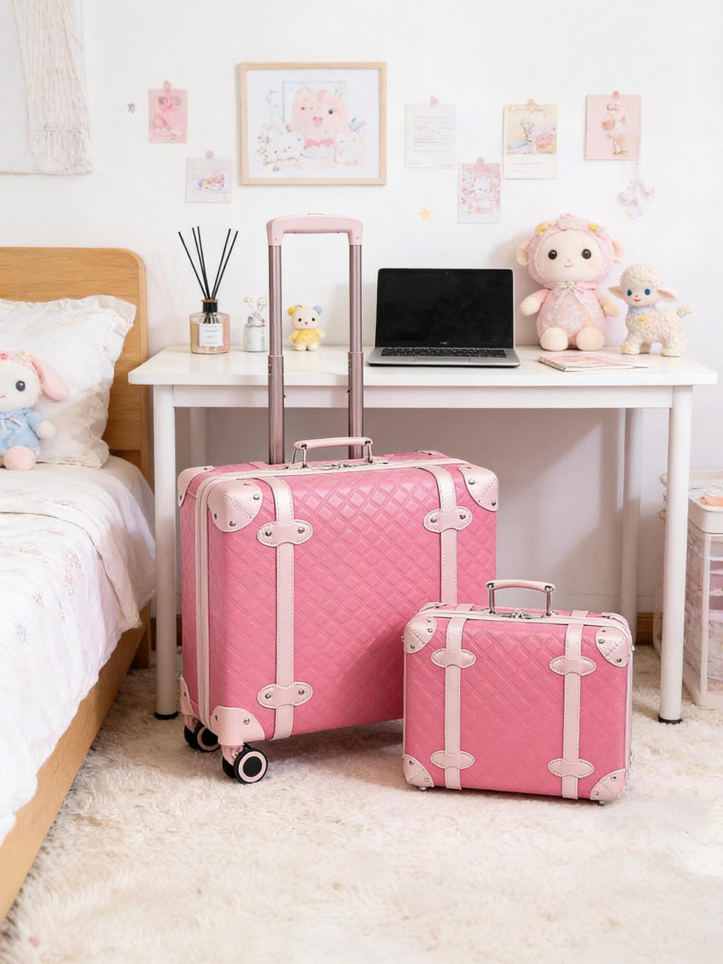 Bộ vali lồng nhau 20+24 inch họa tiết caro hồng, bánh xe xoay 360 độ siêu êm — Màu hồng