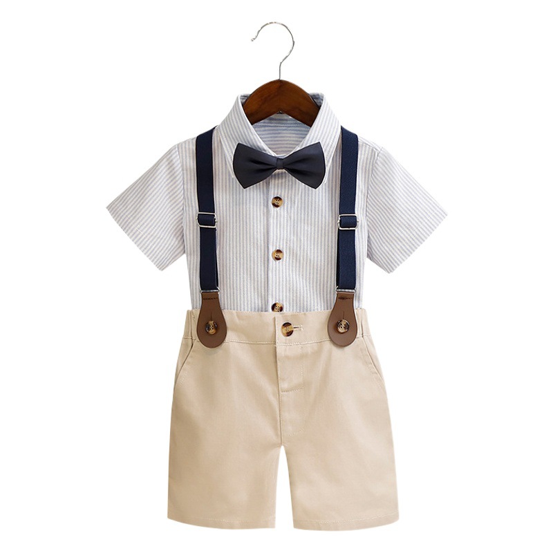 Children's Dress Spring and Summer New Boys Stripesd Overalls Two-Piece Set Baby First Birthday Short-Sleeved Shirt Set