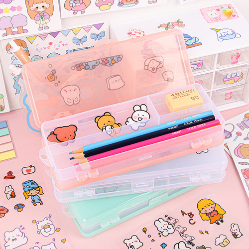 Double-layered stationery box, transparent frosted large-capacity plastic pencil box, DIY stationery storage box for primary and secondary school students