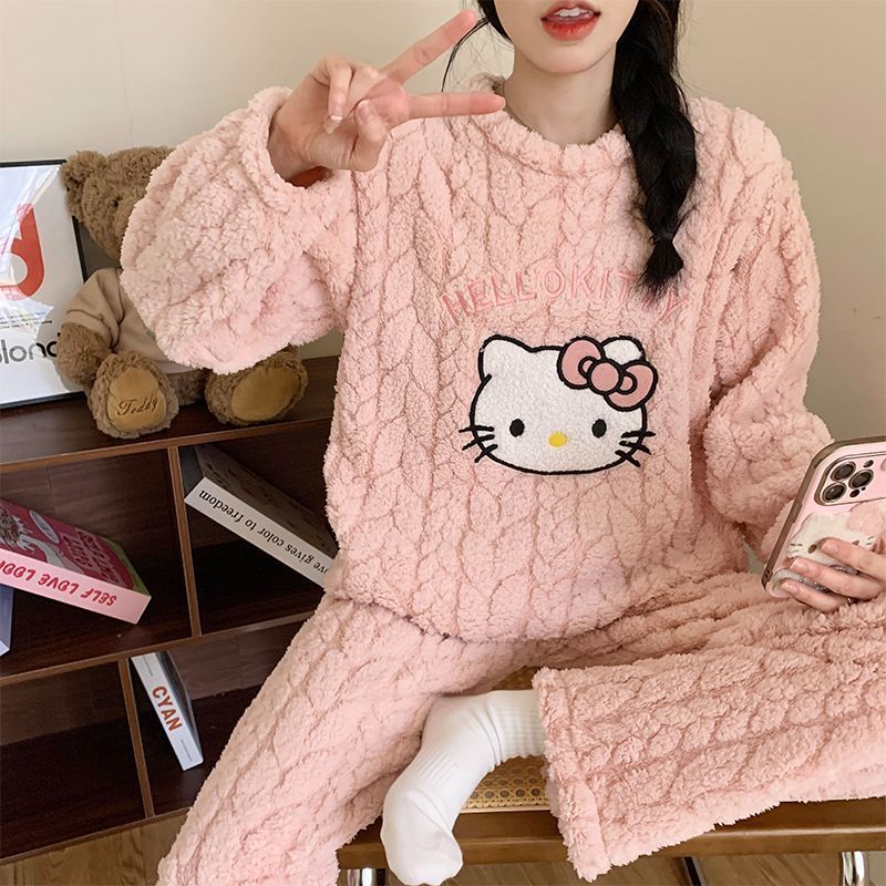 Livro rojo en vivo de invierno nuevo jacquard pijama de terciopelo de niñas más dibujos animados de terciopelo dulce ropa de hogar de estudiantes se puede usar fuera