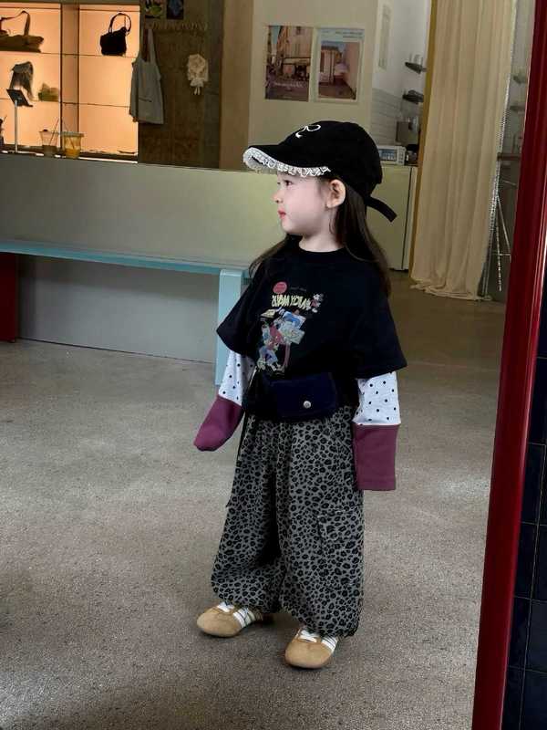 甜沫儿儿童新款女童装2025秋新款拼接卫衣印花长袖T恤豹纹裤两件|undefined