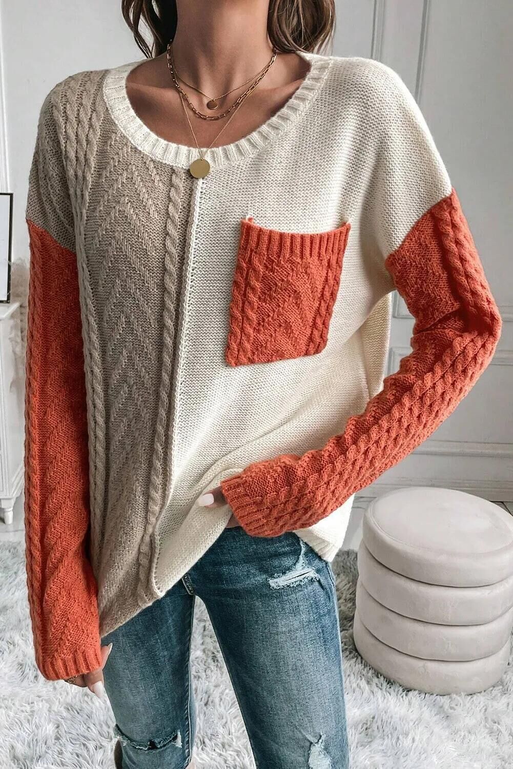 Cozy Patch-Pocket Sweater – Acrylic Blend Pullover With Contrast Stitching (S/M/L/XL, Oversized Fit, Fall-to-Winter Essential, Sweetheart Colors)_voghion.com