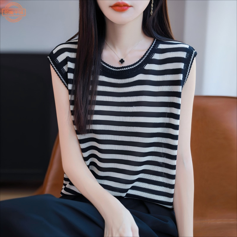 Lyocell Tencel Striped Knitted Sleeveless Vest Women's Summer Round Neck Breathable Loose Slimming Bottoming Outer Top Lyocell Tencel Striped Knitted Sleeveless Vest Women's Summer Round Neck Breathable Loose Slimming Bottoming Outer Top