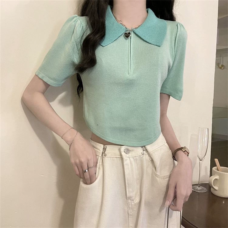 Knitted summer thin sweater, fitted set, with short sleeve