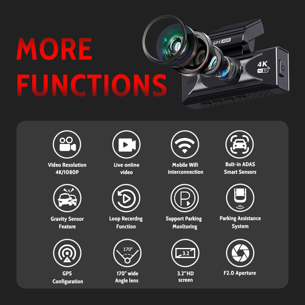 New cross-border dual-camera 4K dashcam with high-definition ADAS loop recording 3.2inch GPS car recorder