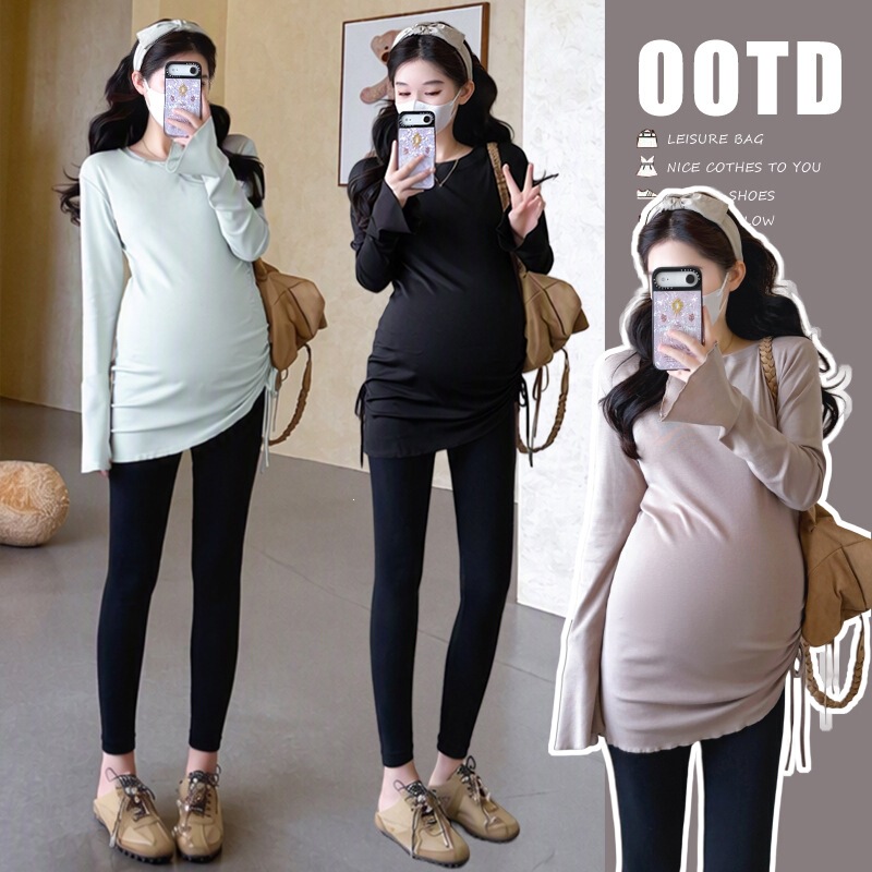 Real shot: New autumn high-elasticity slim-fit T-shirt with drawstring hem, versatile maternity base shirt in bean green and coffee color Real shot: New autumn high-elasticity slim-fit T-shirt with drawstring hem, versatile maternity base shirt in bean green and coffee color