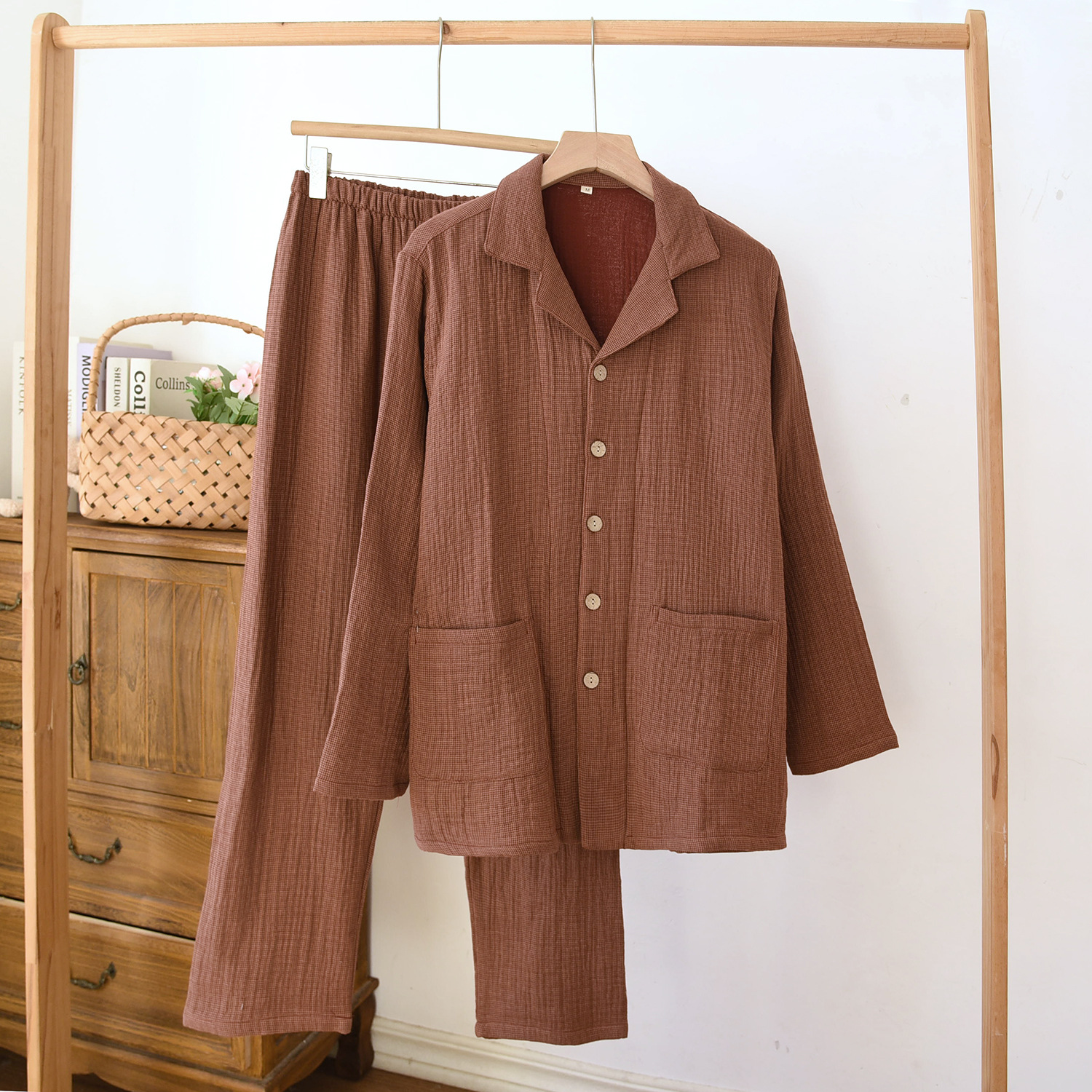 Yarn-dyed washed four-layer gauze cover-men's coffee