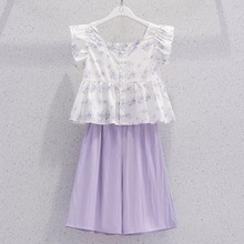 女童夏装飞袖上衣新款儿童碎花无袖碎花衬衫女孩百搭七分裤套装