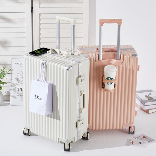 Multifunctional Travel Luggage Suitcase with Telescopic Handle, 4-Wheel Spinner, Combination Lock, Leather Box, Aluminum Frame, 20-inch, Carry-on Suitcase for Men, Women, and Students
