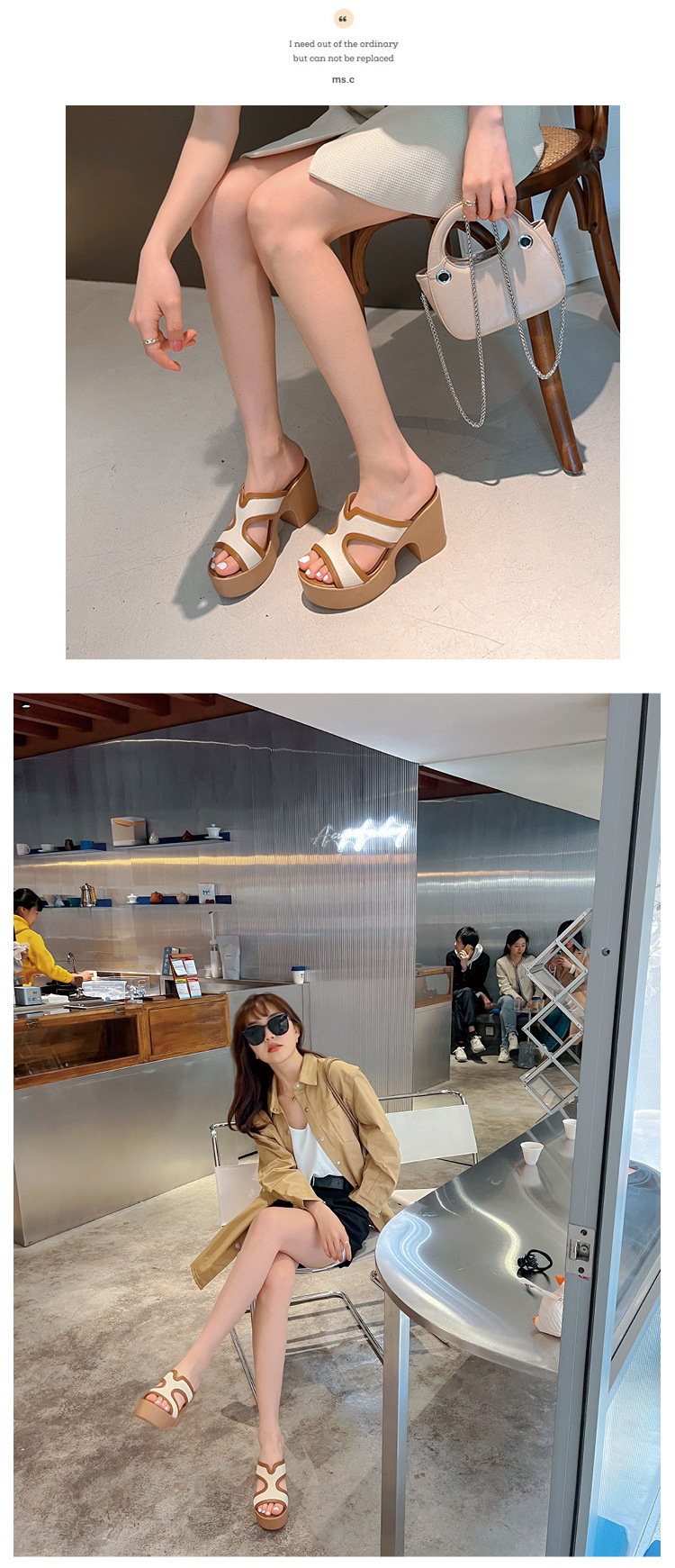 Dép sandal nữ quai chữ V da bò cao cấp đế xuồng dày, gót thô hở mũi, mùa hè — màu kaki chi tiết 10