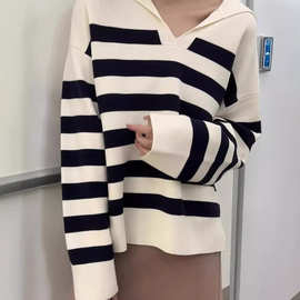 针织衫女秋季新款羊毛条纹翻领慵懒风宽松舒适长袖套头毛衣长袖
