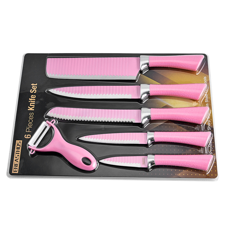 Juego de cuchillos de cocina de acero inoxidable de seis piezas con patrón de onda de color de venta caliente