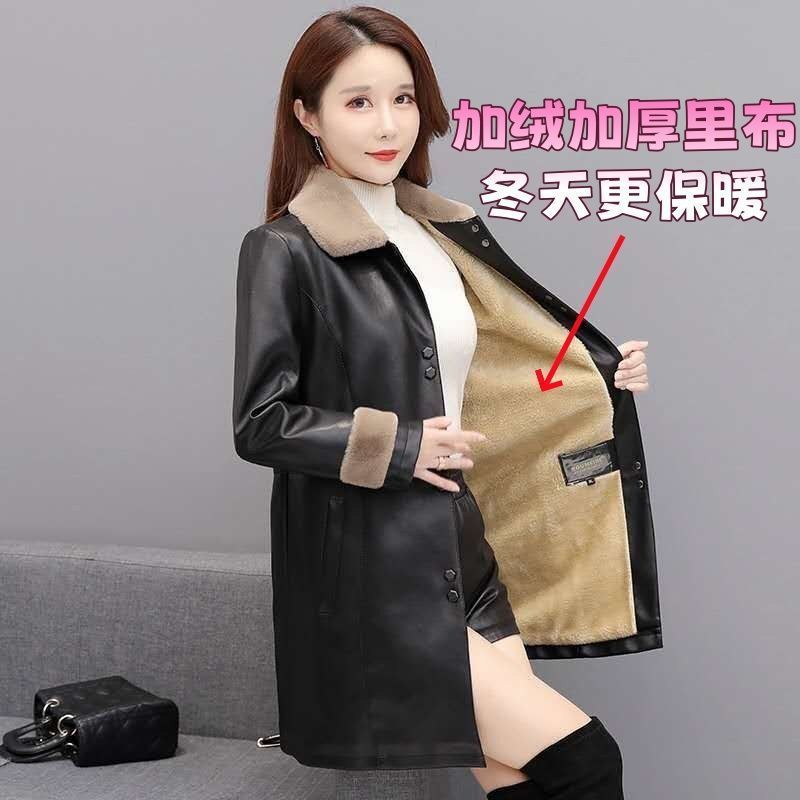 2025冬季中长款加绒加厚新款女士皮毛翻领宽松PU皮衣外套风衣妈妈