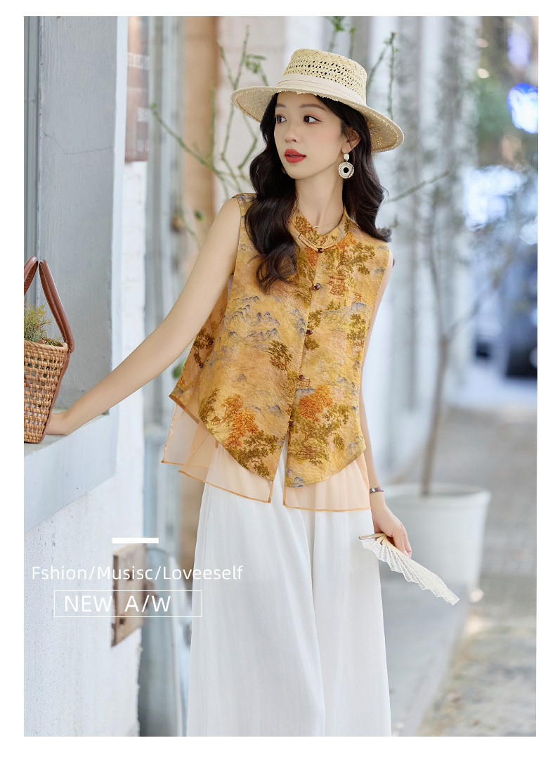 Bộ quần áo nữ hai mảnh gồm áo sơ mi cổ đứng họa tiết jacquard và quần ống đứng — Màu ảnh chi tiết 19