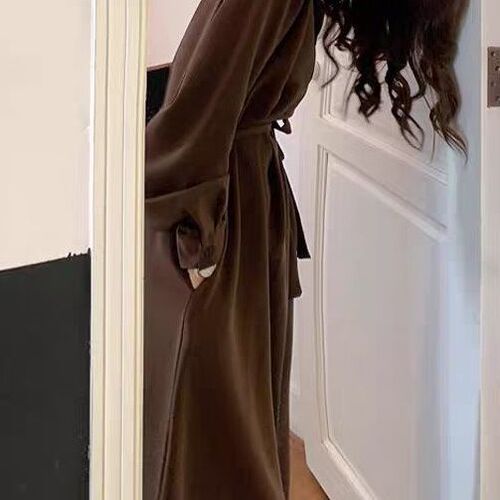 Coffee color shirt dress, women's morning and autumn new style French temperament retro Hepburn style long dress, waist skirt