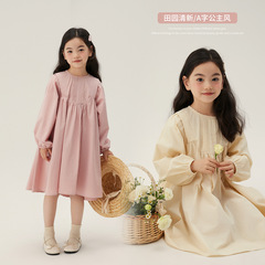 2024 Spring New Children's Casual Western Style Solid Color Dress Pastoral Fresh Princess Dress Girls A-Line Skirt