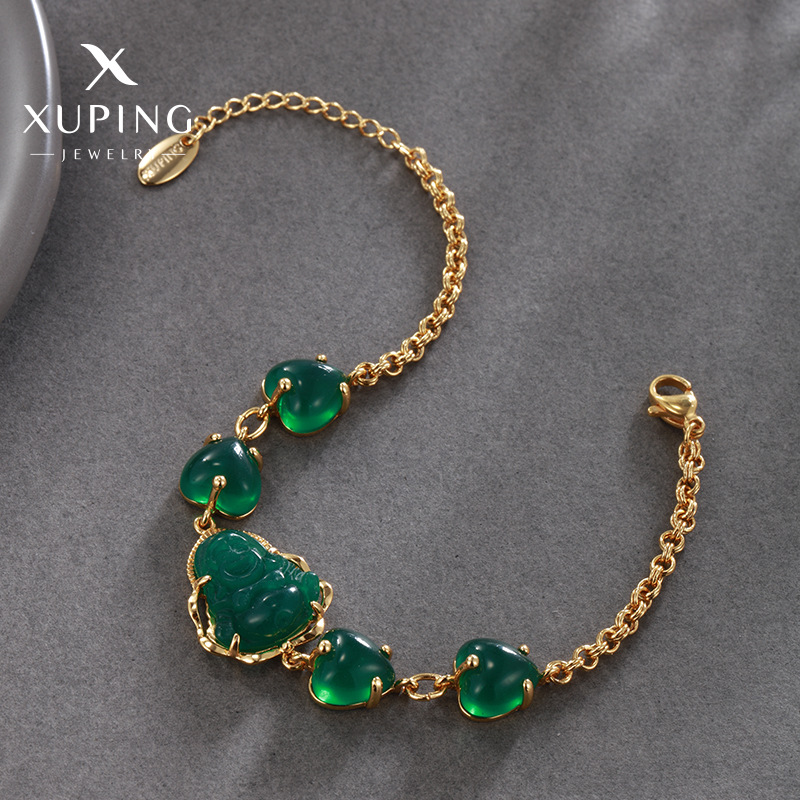 Pulsera Xuping de aleación con baño de oro de 24k, decoración de corazón de esmeralda, estilo chino, joyería de nicho con temperamento.
