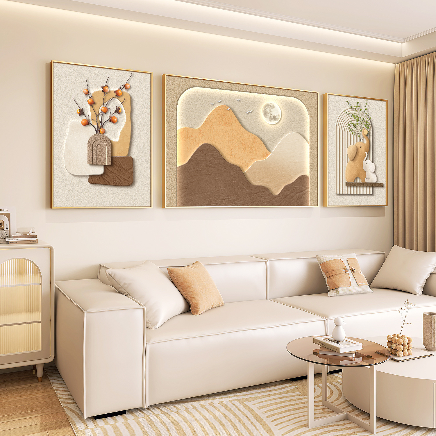 Light Luxury Living Room Decorative Painting Cream Style Sofa Background Wall Triptych Hanging Painting New Chinese Style High-End Wall Painting Combination