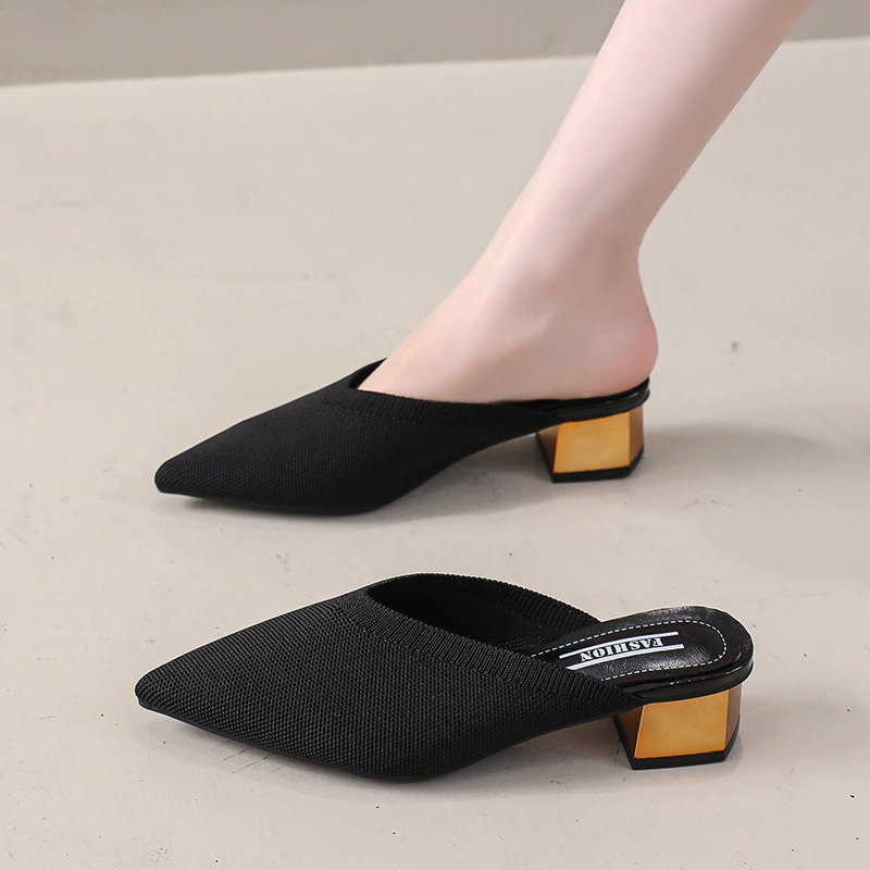 [Korean Style Women7s Fly-Woven Mid-Heel Spring and Summer New Baotou Half Slippers Pointed Toe Mule Shoes Thick Heel Outer Wear 35-41]