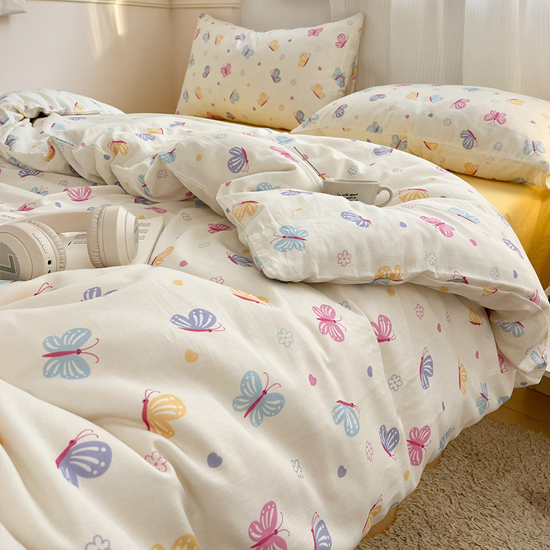 Juego de cuatro piezas de cama de algodón de hilo de doble capa 2025 nueva funda de edredón de sábana ropa de cama de dormitorio de estilo pastoral