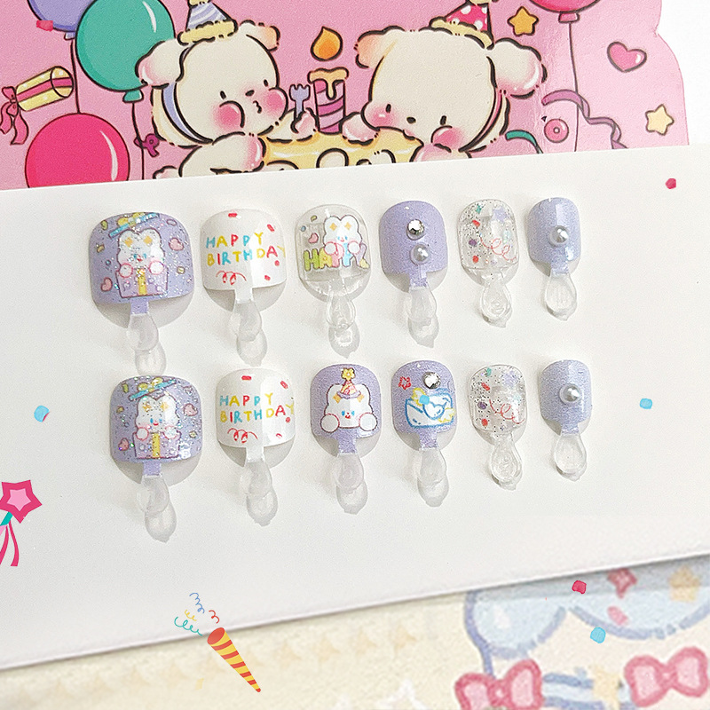 Nuevos accesorios de manicuría para niños que usan banda de uñas, parches de uñas de dibujos animados, productos terminados de uñas dulces, 12 piezas