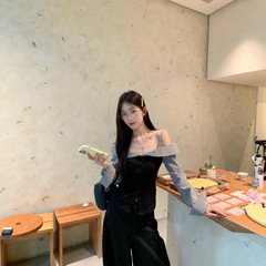 宋正恩假两件露肩长袖t恤女秋季新款格子拼接一字肩修身辣妹上衣