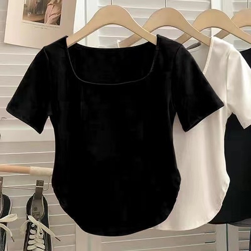 Wholesale New French Pure Desire Women's Sexy Solid Color Short Sleeve T-Shirt Summer Casual Square Collar Base Layer Top for Women