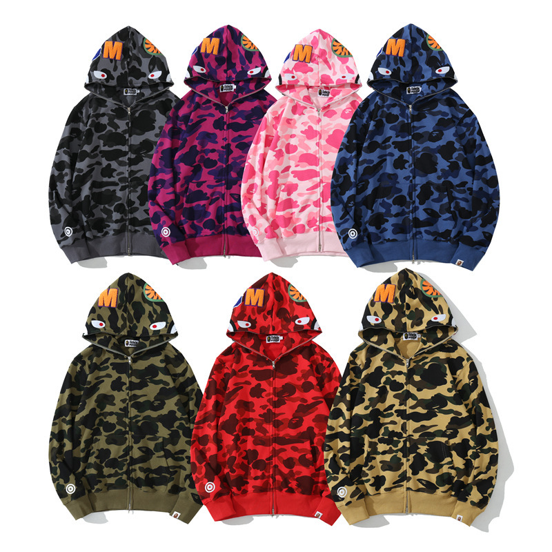 Cross-border wholesale bape classic shark camouflage hooded cardigan zipper Terry men's and women's fashion brand sweater jacket