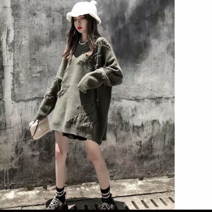 American High Street Design Sense Niche Tassel Knitted Unisex BF Trendy Brand Loose Couple Round Neck Ripped Sweater_voghion.com