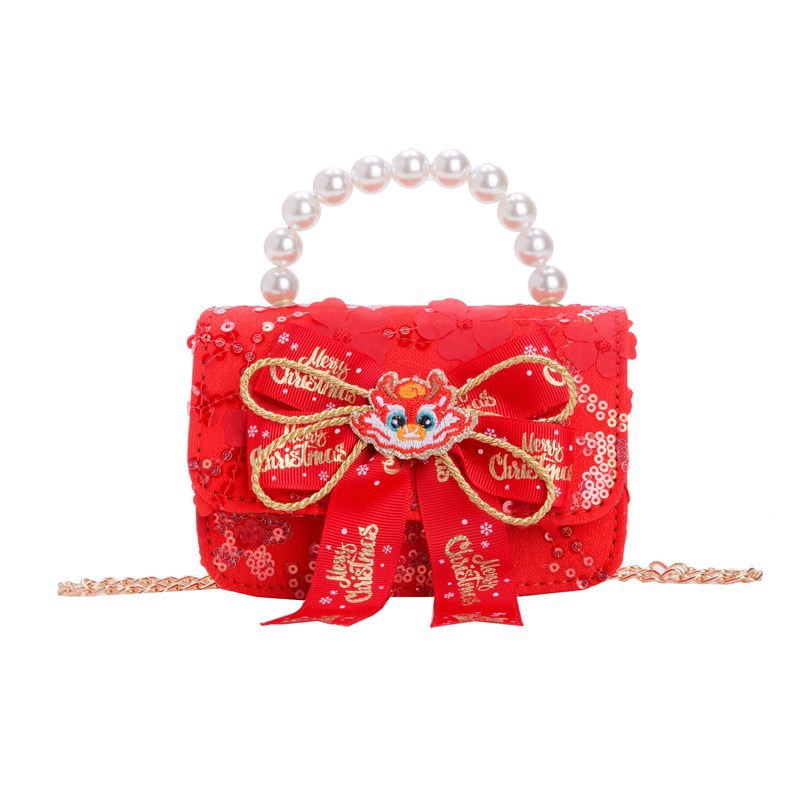 Bolsos rojos para niños, bolsos de arco de perla para chicas, regalos de Navidad y Año Nuevo, bolsos de transporte