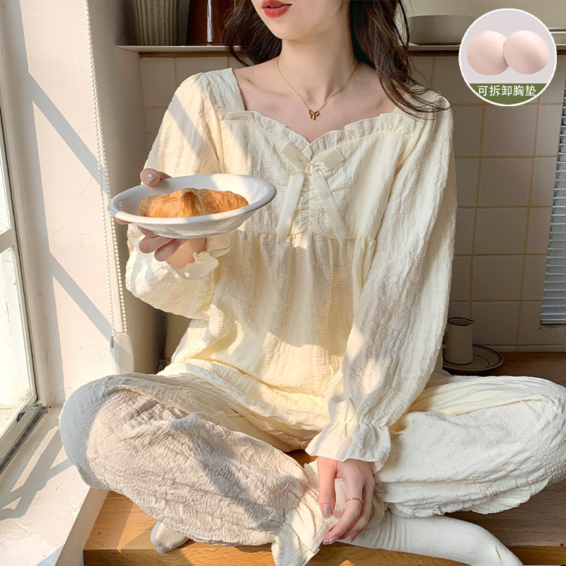 带胸垫云朵棉睡衣女春秋款长袖甜美公主风2025新款夏季家居服套装|undefined