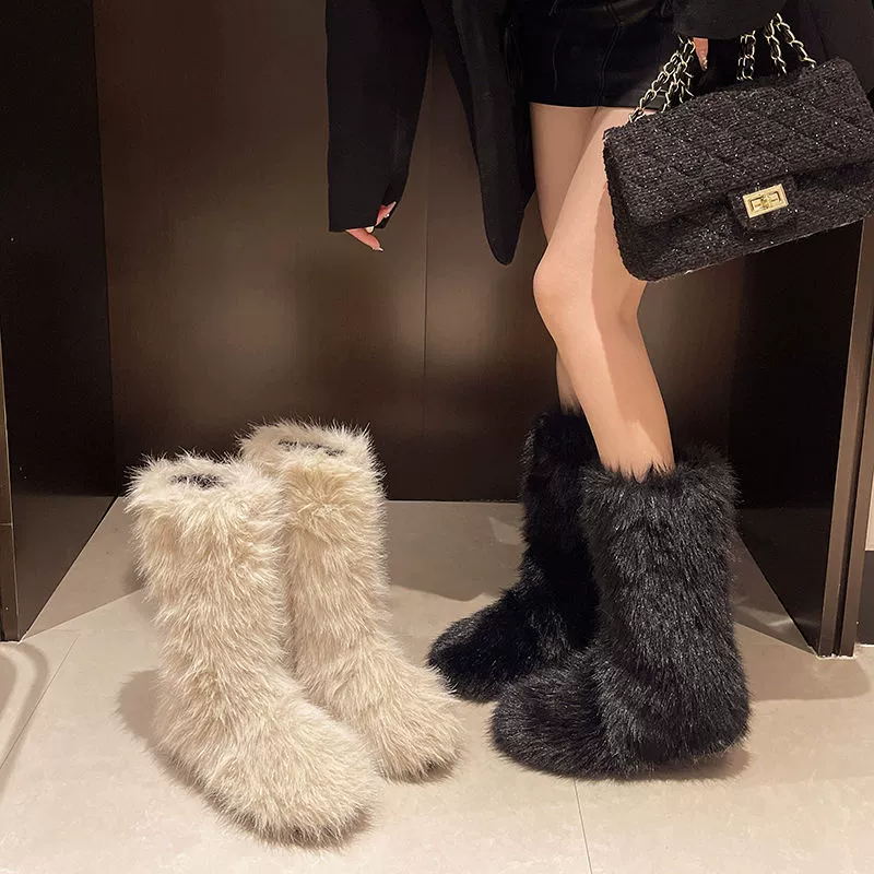 Европейские, американские и плюшевые толстые снежные сапоги женские зимние теплые меховые хлопчатобумажные сапоги противоскользящие плоские меховые сапоги