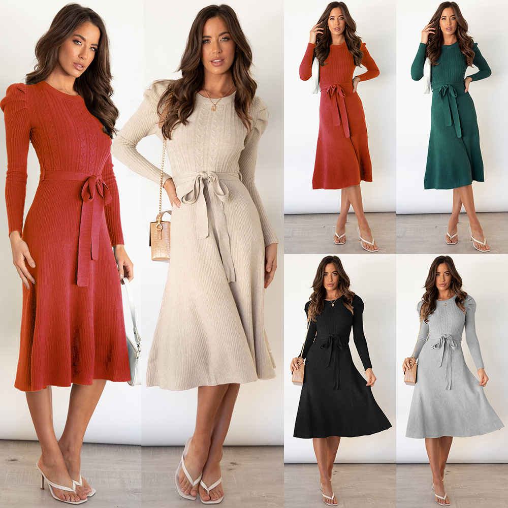 Autumn/Winter Long Sleeve Knit Skirt Mid Length Swing Dress Sweater Dress