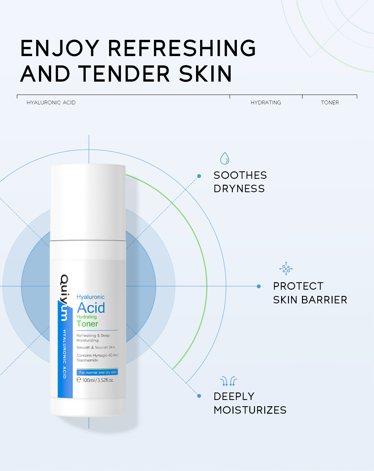 QUIYUM Hyaluronic Acid Toner 100ml Hydrates, moisturizes, nourishes and refines pores. Factory in stock, one-piece consignment undefined