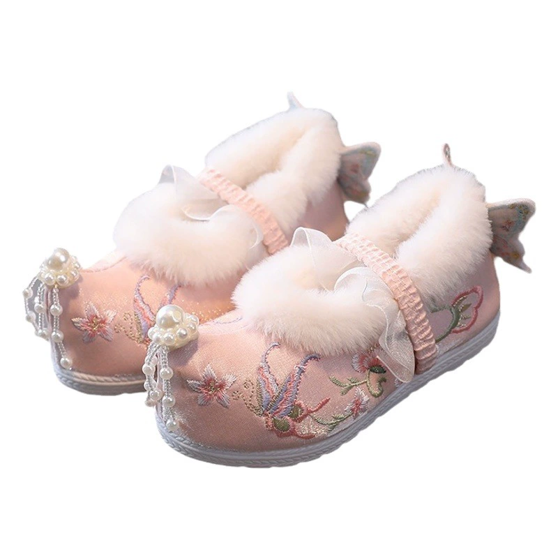 Обувь Hanfu для девочек, зимний старинный костюм на флисовой подкладке, детская обувь с вышивкой, старинный стиль, детская подходящая юбка с верхом, хлопковая обувь с перекрестным носком