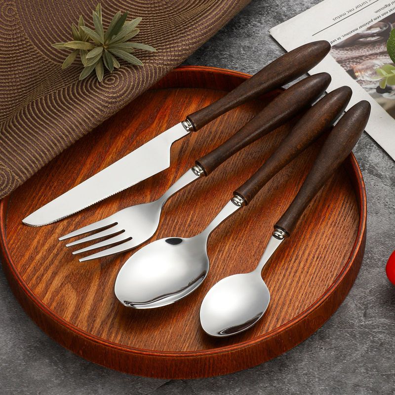 Retro Knife and Fork Stainless Steel Wooden Steak Knife and Fork Spoon Western Food Tableware Dessert Spoon Afternoon Tea Fork Set