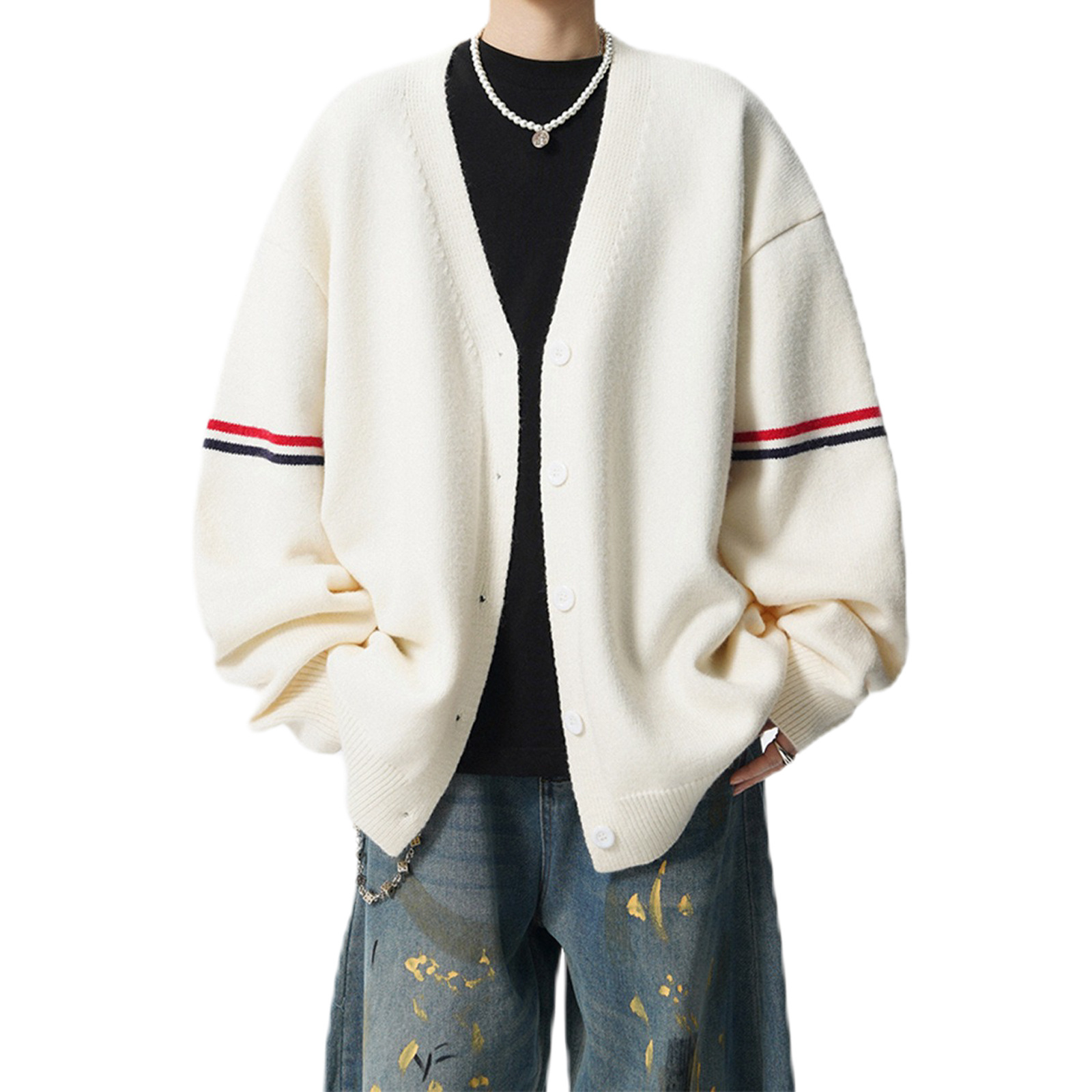 Explosiones transfronterizas de tamaño europeo de gran tamaño V-cuello Cardigan chaqueta camiseta de punto suéter de color masculino rayas de fábrica al por mayor