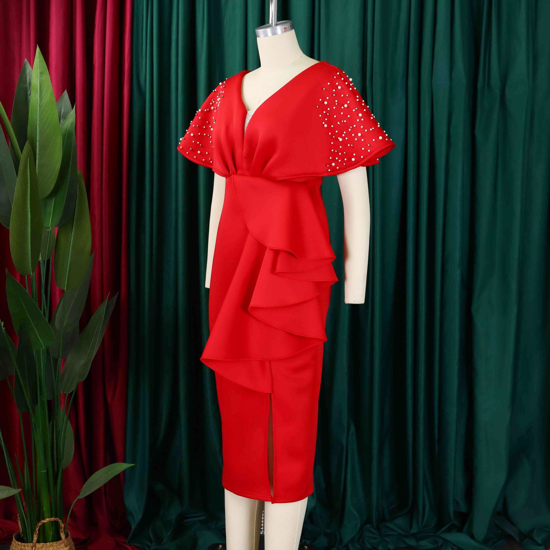 Robe de soirée sexy à col en V et à volants avec fente perlée, robe de banquet de tempérament de célébrité_voghion.com