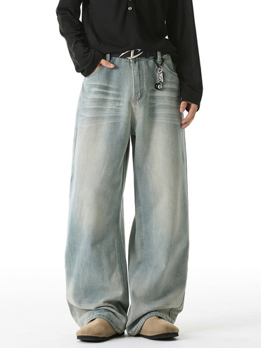 Three-dimensional cat-ear distressed washed denim jeans—autumn new arrival, American-style high-street trendy brand, loose-fit textured straight-leg long pants q