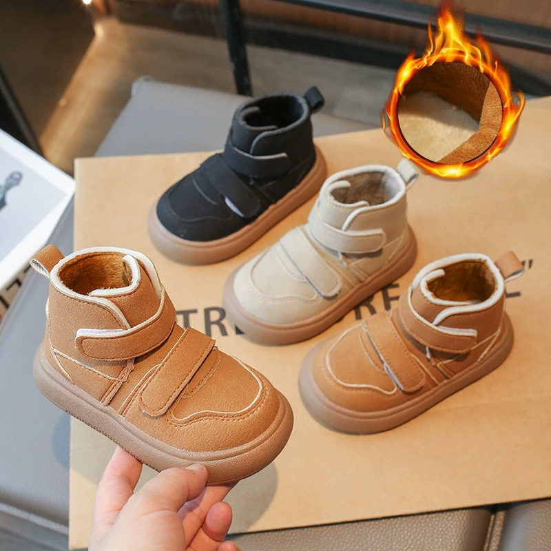 Детские ботильоны на флисовой подкладке, осенне-зимние Винтажные ботинки на липучке для мальчиков, универсальные модные брендовые Нескользящие кожаные ботинки из матовой кожи для девочек