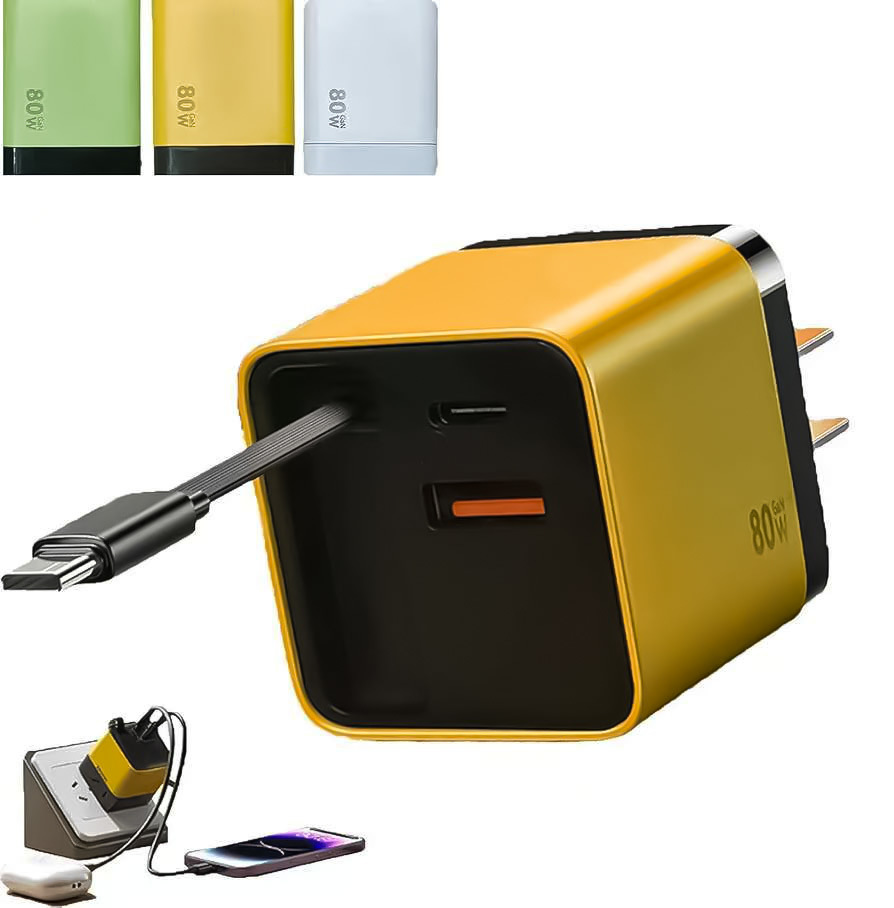 Cargador de nitruro de galio de 80W con cable retráctil tipo C, adecuado para teléfonos móviles Apple y Huawei, cabezal de carga rápida PD.