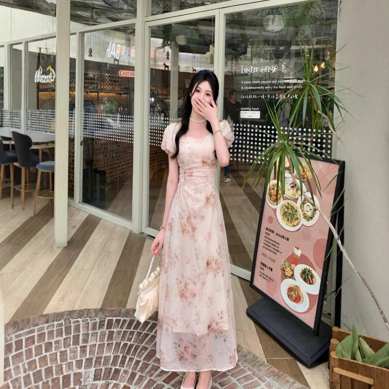 花柄スカート レディース シフォン花柄ドレス レディース 2025 夏 フレンチスイートフォレスト 初恋 優しい風 ウエストが見える|undefined