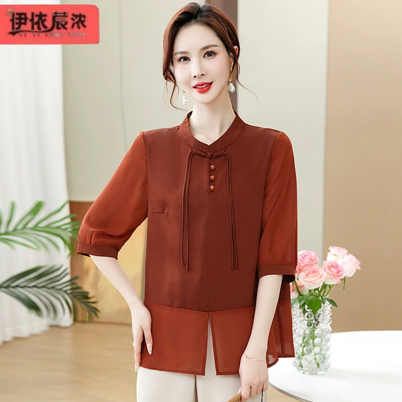 Темперамент национальный стиль мамы с короткими рукавами футболка топ 2024 летом новая женская одежда среднего возраста прохладная и не легко морщинистая рубашка