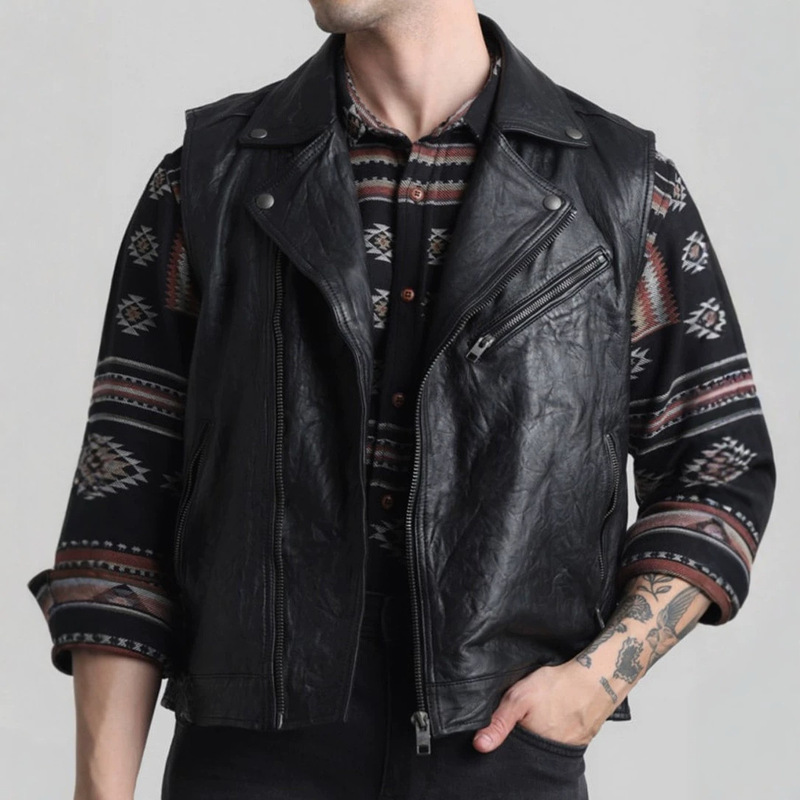 European and American style motorcycle leather vest for men, casual outerwear, PU leather jacket, high-end punk vest, cross-border foreign trade men's clothing