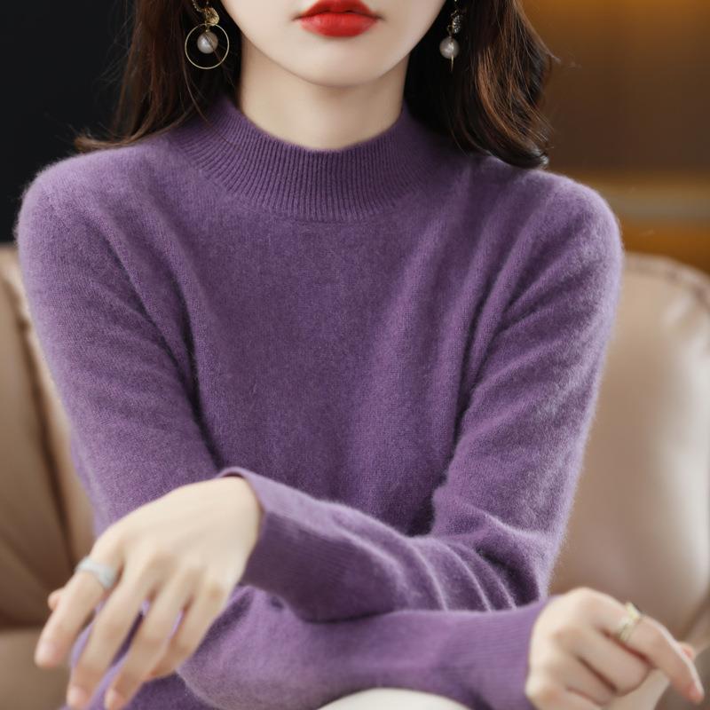 Nuevo medio suéter de cuello alto para mujer Otoño e Invierno suéter corto de color sólido suéter suelto engrosado camisa de fondo entrega de una pieza image 19